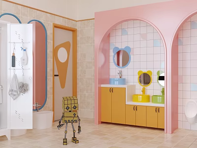 Cheerful Kids Friendly Public Toilet Interior Design With Cute Cartoon Mirrors And Colorful Wash Sinks 3d model