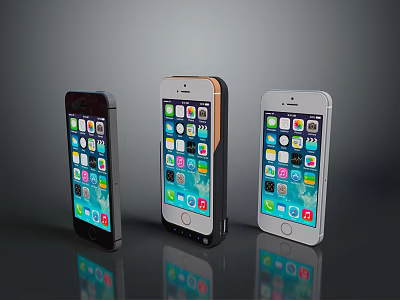 Three Different Colored Smartphones Displaying App Icons On Gray Background With Reflection 3d model