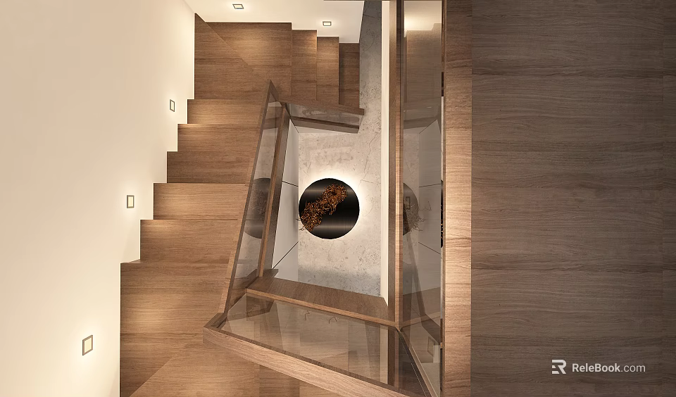 Modern Wooden Staircase With Glass Railing LED Lighting And Circular Floor Decor 3d model 