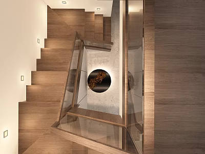 Modern Wooden Staircase With Glass Railing LED Lighting And Circular Floor Decor 3d model