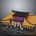 Traditional Chinese Architecture Featuring Yellow Purple Roof Curved Black Eaves Front Columns And Figures