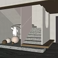 Modern Interior Featuring Gray Spotted Staircase White Stuffed Bear Golden Spheres And Wooden Accents