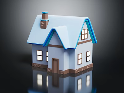 Cartoon House Scene With Blue Roof White Walls Brown Chimney Windows Brick Base And Reflection 3d model