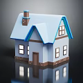 Cartoon House Scene With Blue Roof White Walls Brown Chimney Windows Brick Base And Reflection