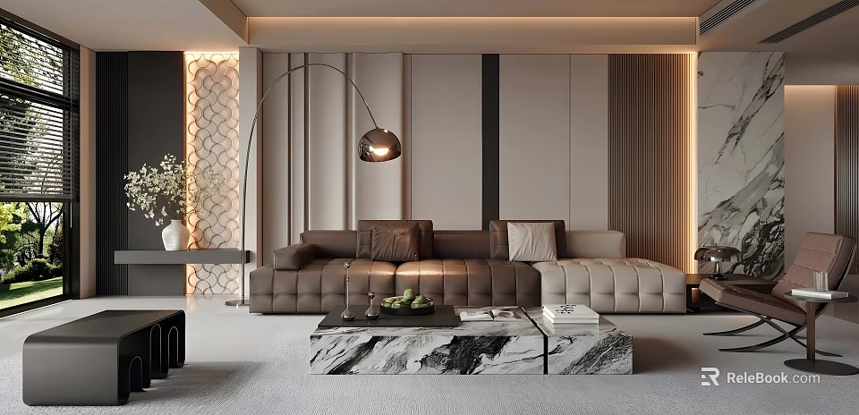 Modern Living Room Interior With Large Sofa Marble Coffee Table And Floor Lamp 3d model 
