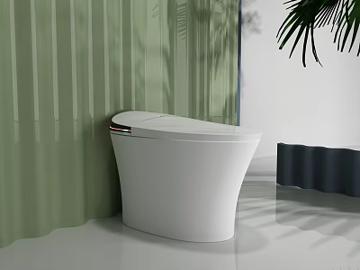 Sleek White Modern Toilet In Bathroom Interior With Green Wall And Palm Leaves 3d model