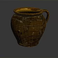 Handmade Traditional Clay Pot with Crackled Texture and Curved Handle on Dark Reflective Surface