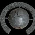 Spherical Metallic Space Station With Ring Structure And Illuminated Surface Details