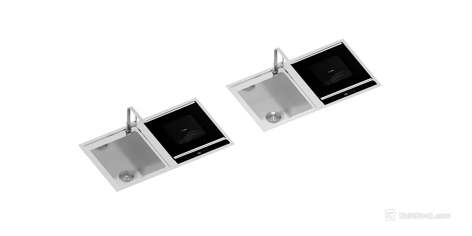 Modern Kitchen Appliances Set With Stainless Steel Sinks And Black Cooktops 3d model 