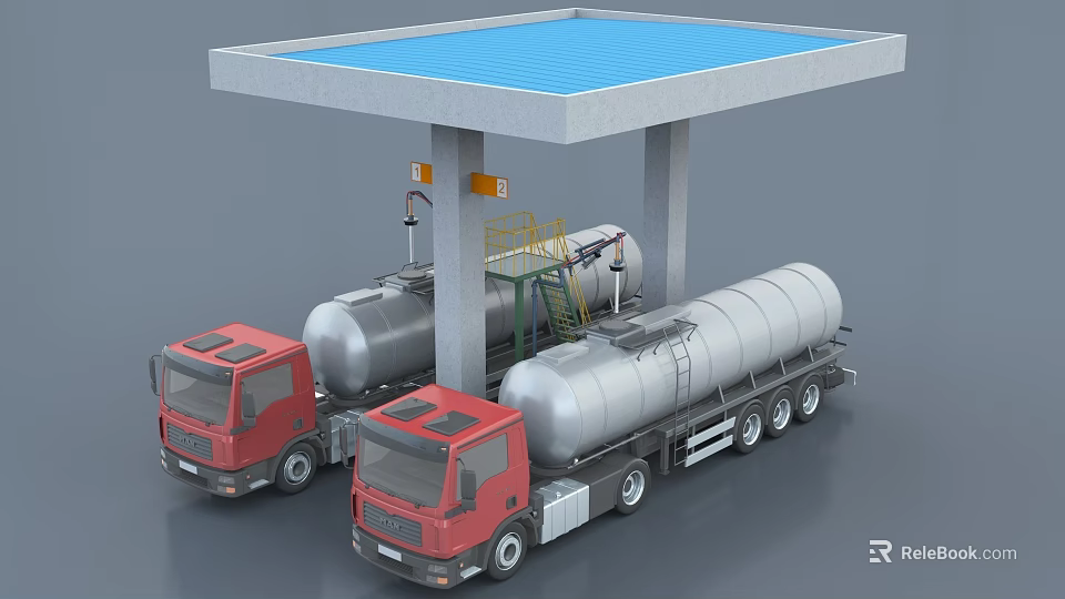Industrial Equipment Featuring Tank Trucks And Storage Tanks At Covered Loading Facility 3d model 