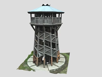 Wooden Observation Tower with X Bracing Pitched Roof and Circular Stone Base in Grass Area 3d model
