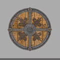 Medieval Shield Historical Weapon With Ornate Carved Patterns Metal Rim And Wooden Surface