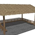 Traditional Garden Landscape With Thatched Roof Wooden Pavilion Stone Benches And Slab Floor
