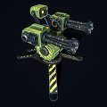 Green Mechanical Weapon with Multiple Barrels Yellow Black Warning Stripes and Support Base 3d model