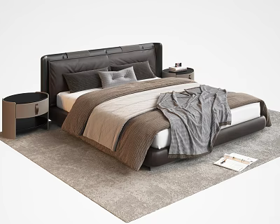 Modern Double Bed With Leather Headboard Gray Beige Bedding Nightstands And Carpet 3d model
