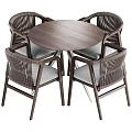 Modern Round Wooden Table With Four Woven Back Chairs And Gray Cushions Metal Legs