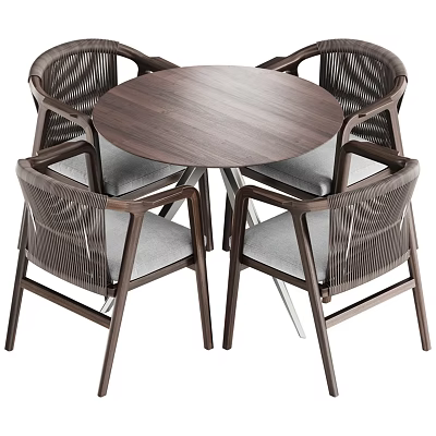 Modern Round Wooden Table With Four Woven Back Chairs And Gray Cushions Metal Legs 3d model