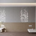 Modern Bedroom Accent Wall With Gray Panels Wooden Base And White Decorative Patterns