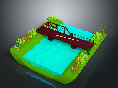 Miniature Landscape Scene Featuring Wooden Bridge Over Blue Water Green Grass And Trees 3d model