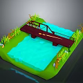 Miniature Landscape Scene Featuring Wooden Bridge Over Blue Water Green Grass And Trees
