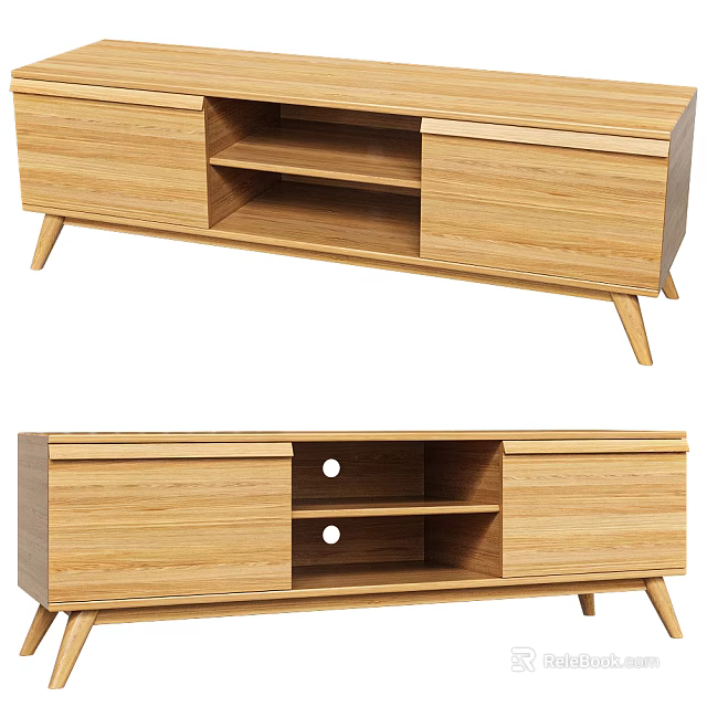 Modern Wooden TV Stand With Drawers Open Shelves And Slim Legs Design 3d model 