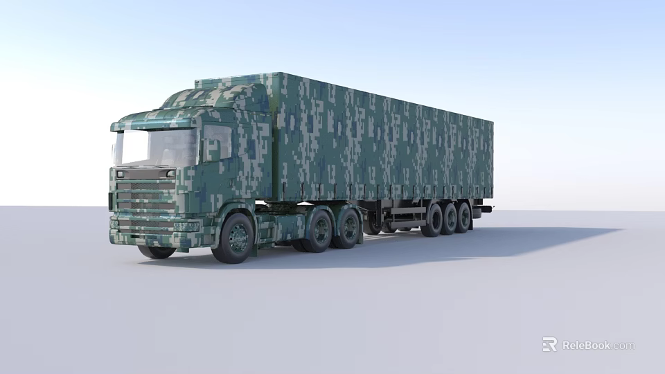 Large Camouflage Patterned Functional Vehicle With Cargo Trailer And Multiple Wheels 3d model
