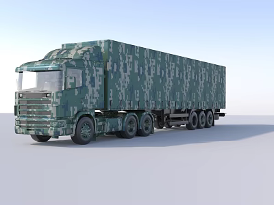 Large Camouflage Patterned Functional Vehicle With Cargo Trailer And Multiple Wheels 3d model