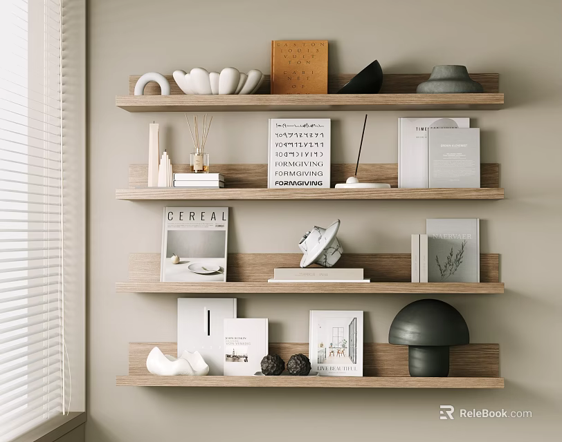 Decorative Ornament Combination on Wooden Shelves with Books Photo Frames Ceramic Vases and Minimalist Design 3d model 