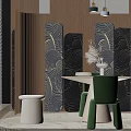 Modern Round Wooden Table with Green Chairs and White Stools on Beige Rug
