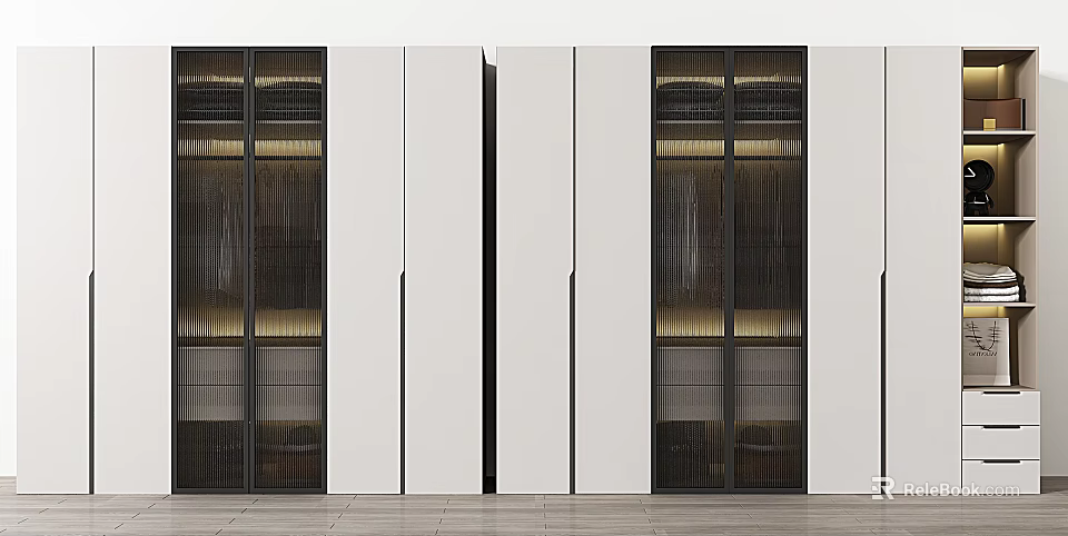 Modern Integrated Wardrobe Design With White Panels Black Frames And Glass Doors Featuring Interior Lighting 3d model 