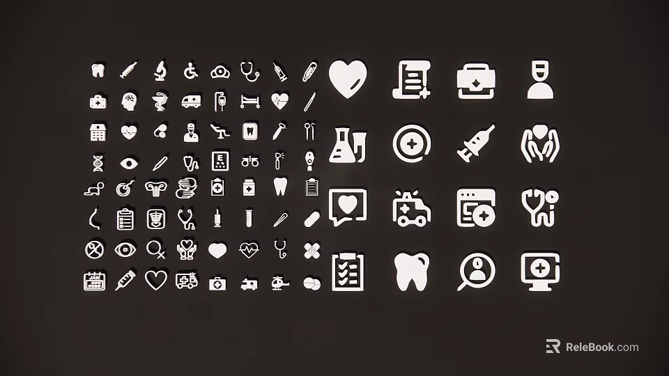 White Medical Icon Pendant Collection Featuring Various Healthcare Symbols On Dark Background 3d model 