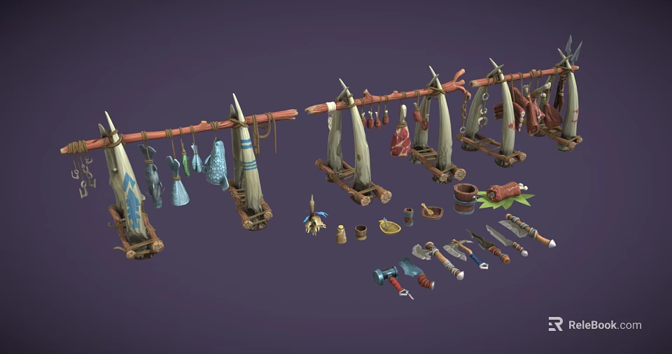 Traditional Hanging Food Display With Meat Clay Pots And Tools 3d model 