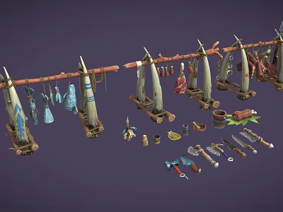 Traditional Hanging Food Display With Meat Clay Pots And Tools 3d model