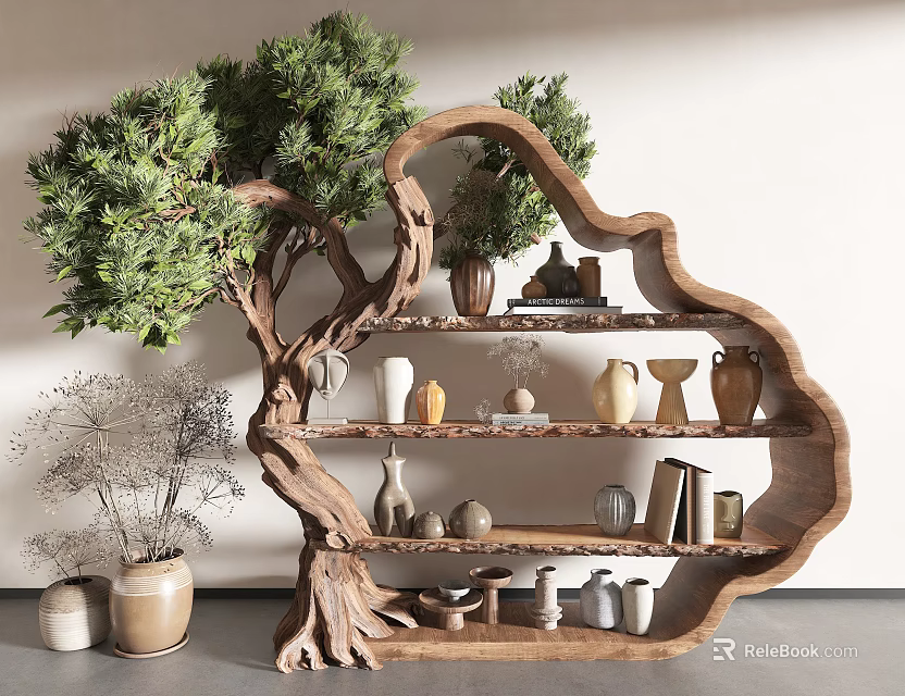 Ornamental Decor Collection On Wooden Tree Shaped Shelf With Vases Jars And Green Plants 3d model 