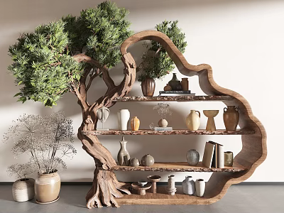 Ornamental Decor Collection On Wooden Tree Shaped Shelf With Vases Jars And Green Plants 3d model
