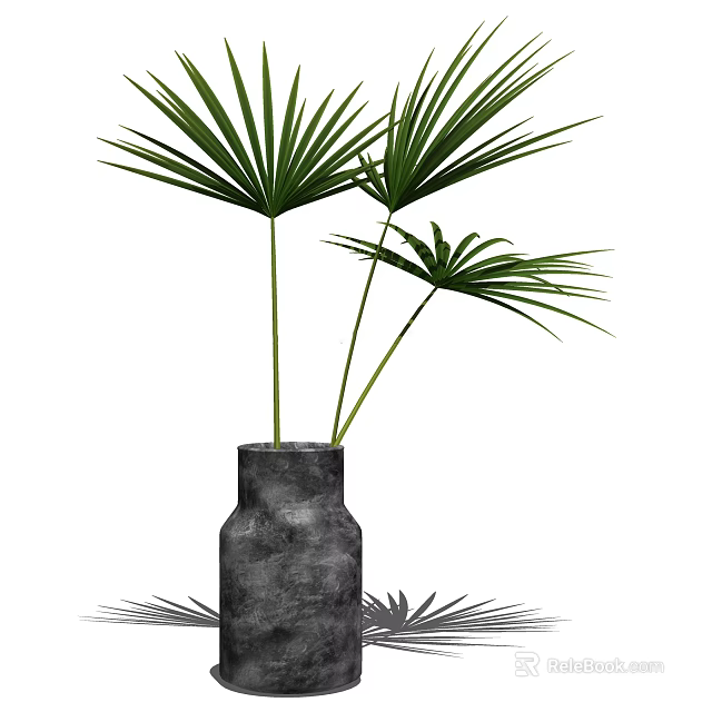 Elegant Gray Concrete Vase With Green Palm Leaves For Home Decor 3d model 