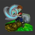Woman With Brown Hair Using Blue Energy Effects On Green Grass Terrain