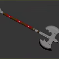 Decorative Battle Axe Weapon With Red Handle White Decorations And Intricate Carved Metal Head