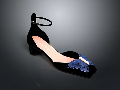 Black Velvet Women Shoes With Ankle Strap Block Heel And Blue Butterfly Decoration 3d model