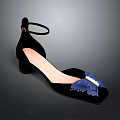 Black Velvet Women Shoes With Ankle Strap Block Heel And Blue Butterfly Decoration
