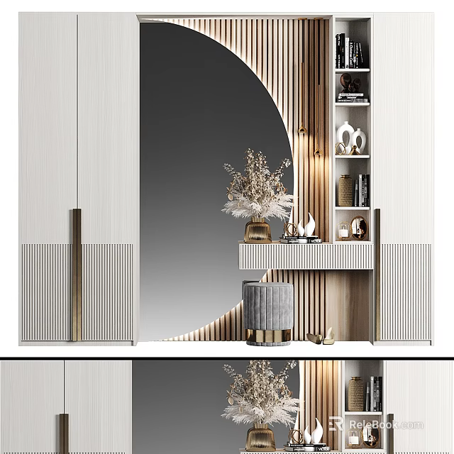 Modern Dressing Table with Large Round Mirror Decorative Flowers and Storage Cabinet 3d model 