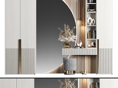 Modern Dressing Table with Large Round Mirror Decorative Flowers and Storage Cabinet 3d model