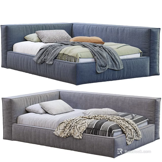 Modern Blue And Gray Sofa Beds With Patterned Pillows And Cozy Blankets 3d model 
