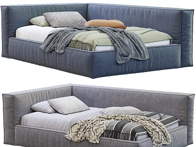 Modern Blue And Gray Sofa Beds With Patterned Pillows And Cozy Blankets 3d model