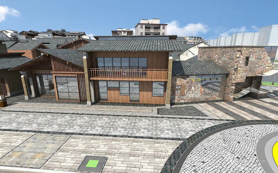 Traditional Ancient Architecture Exterior With Wooden Roof And Stone Paved Courtyard Area Design 3d model 