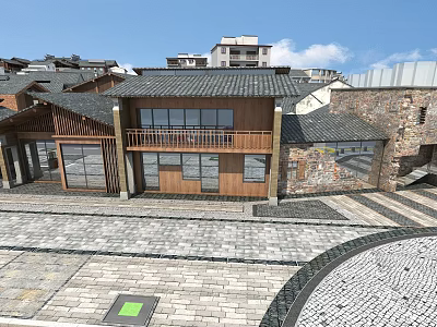 Traditional Ancient Architecture Exterior With Wooden Roof And Stone Paved Courtyard Area Design 3d model