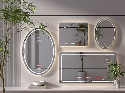Modern Decorative Wall Mirrors With Various Shapes LED Lighting And Green Plants 3d model