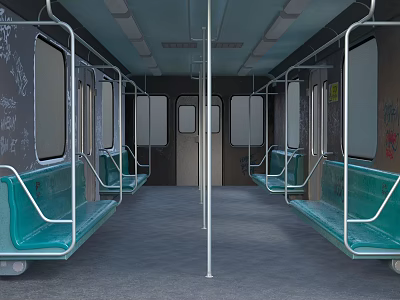Subway Train Interior With Teal Seats Metal Handrails Central Poles And Windows 3d model