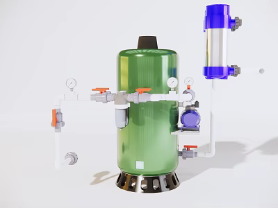 Industrial Equipment Featuring Green Cylindrical Tank Blue Component White Pipes Valves And Pressure Gauges 3d model