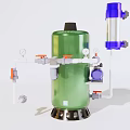Industrial Equipment Featuring Green Cylindrical Tank Blue Component White Pipes Valves And Pressure Gauges